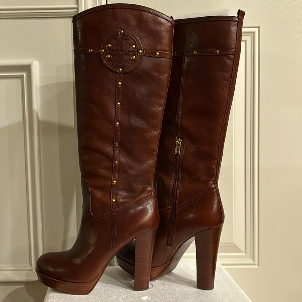 Tory Burch Colleen studded Platform knee high boots. Color Sienna Brown